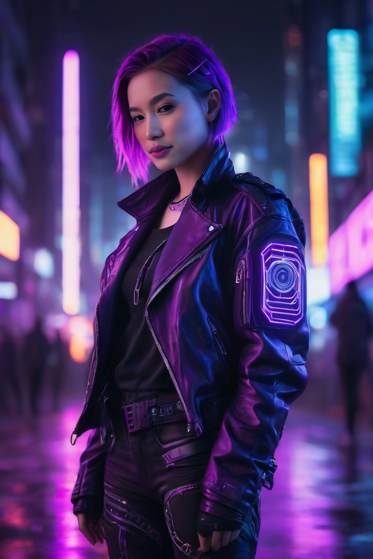 Woman in a neon-lit cyberpunk alley, wearing a black leather jacket and purple hair, looking at the camera.