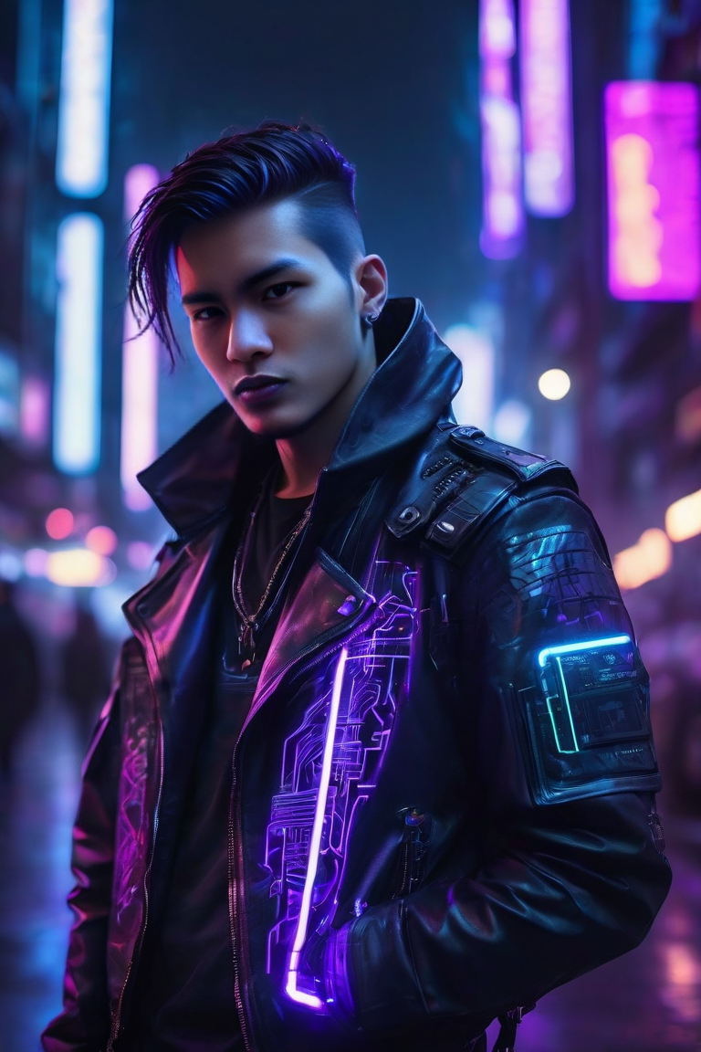 Person in a neon-lit city street wearing a black jacket with glowing purple accents