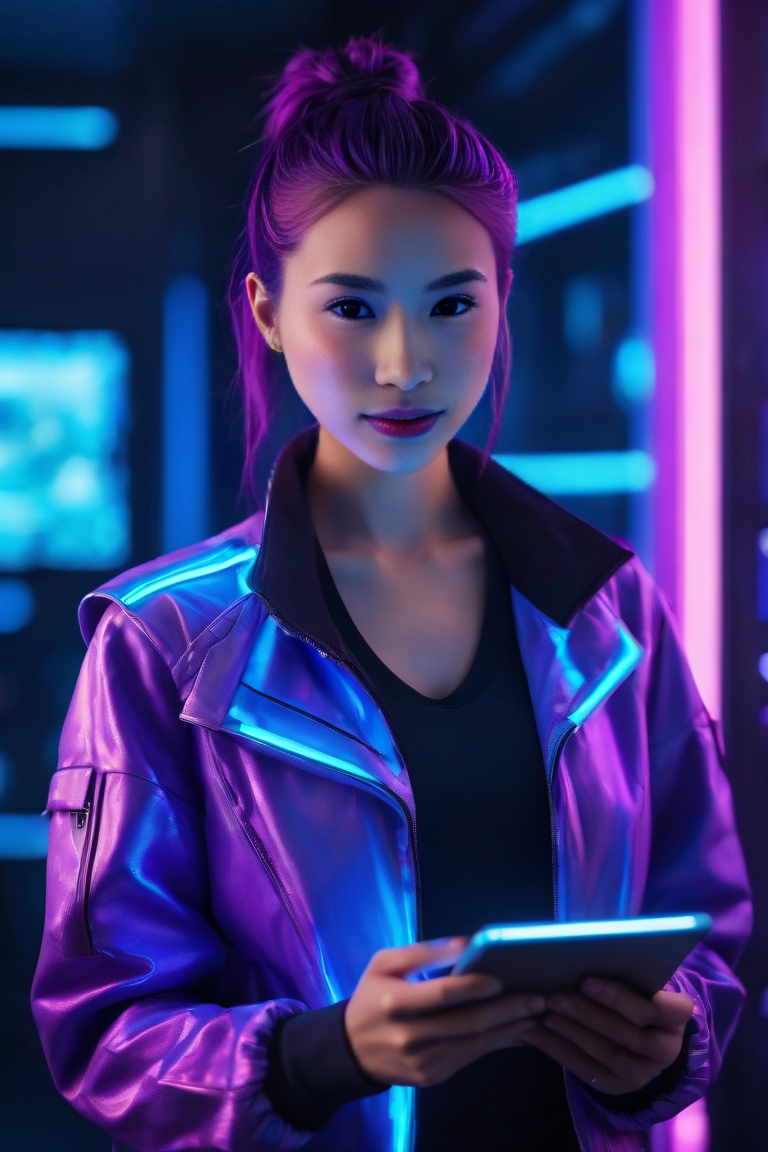 Woman in a neon-lit jacket holding a tablet in a futuristic setting.
