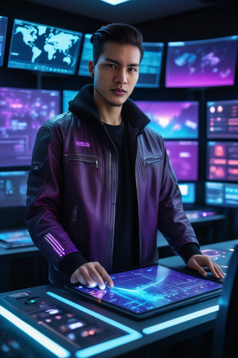 Person at a futuristic control console in a neon-lit operations room with multiple glowing screens