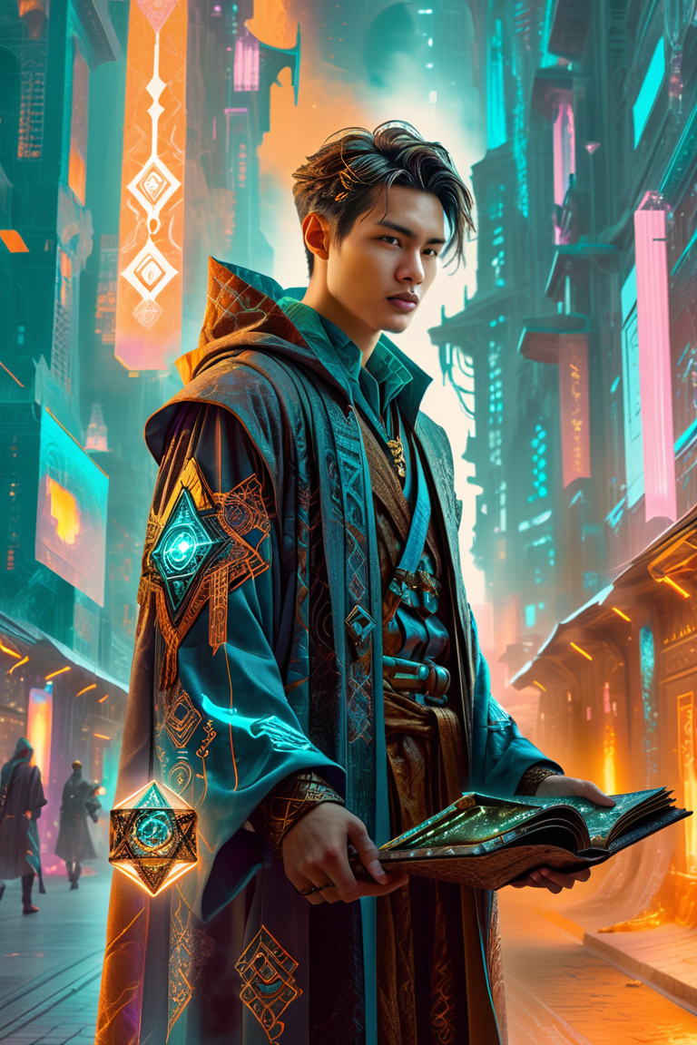 Futuristic city street with a hooded figure holding a glowing book amid neon orange and teal lights