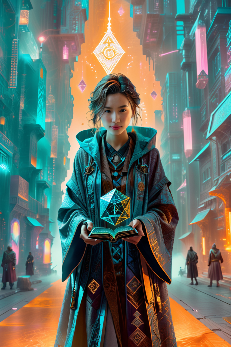 Person in a teal hooded robe holding a glowing geometric object in a neon-lit futuristic city street