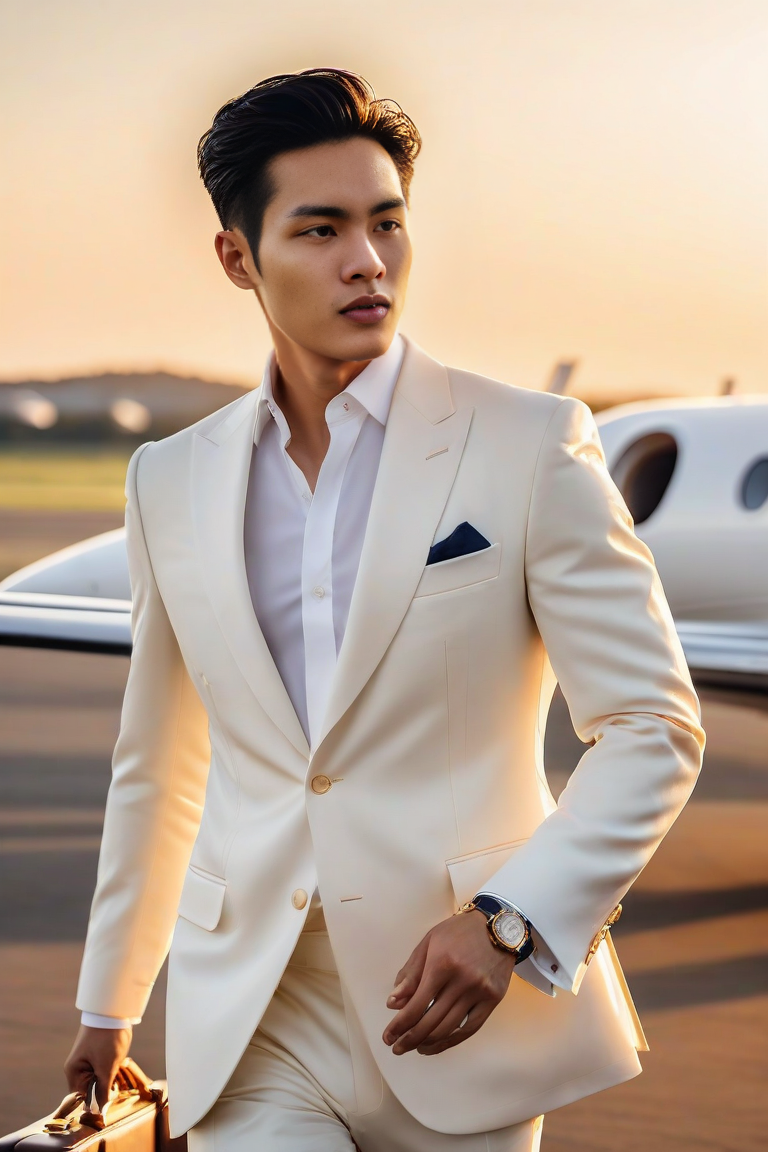 Man in a white suit standing beside a private jet at sunset