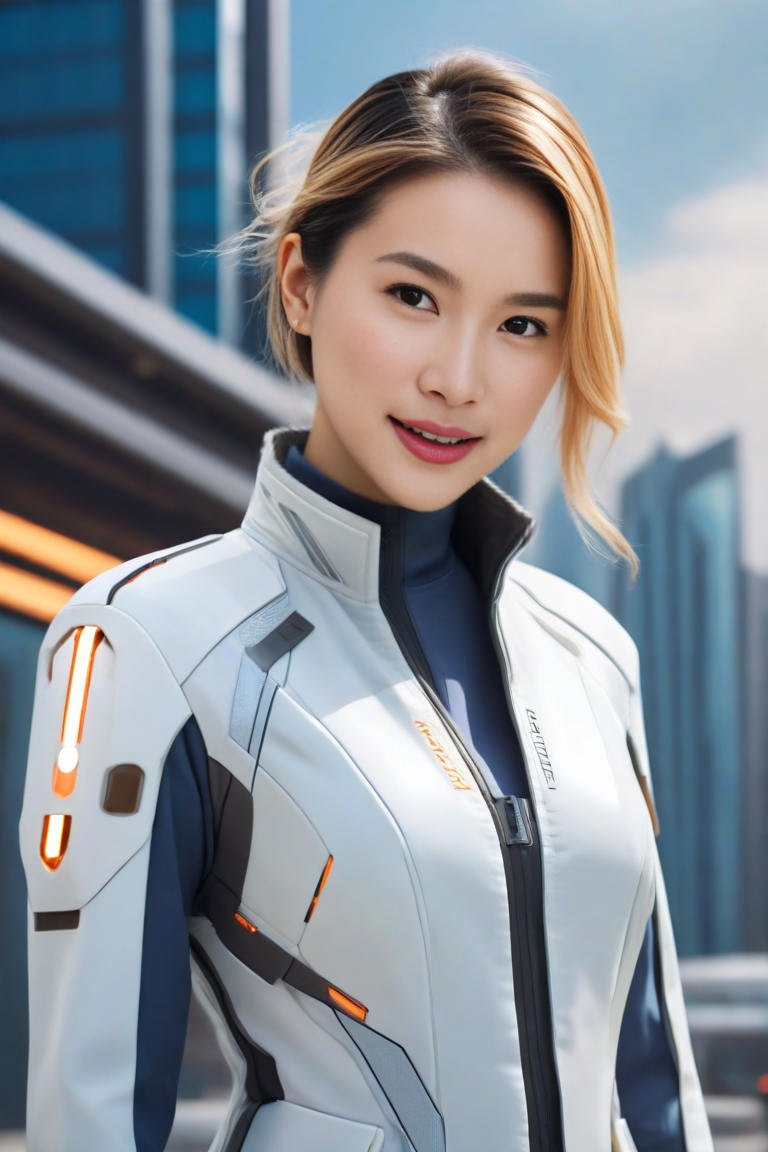 Woman in a white futuristic jacket standing outdoors in a city, with modern buildings behind her.