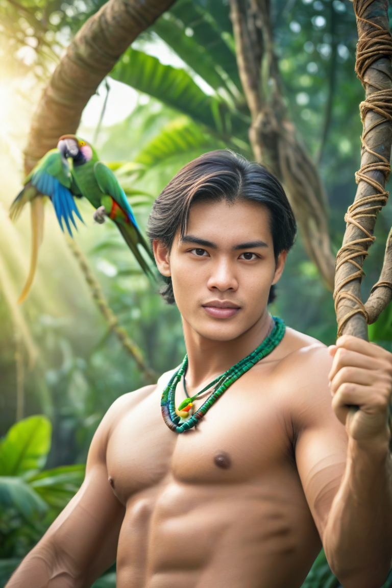 Muscular man posing in a lush jungle with a colorful parrot perched on a branch nearby