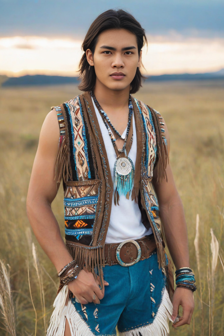 Person standing in a grassy field at sunset, wearing a patterned vest, turquoise pants, and jewelry.