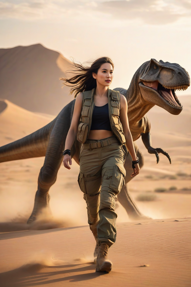 Woman walking beside a roaring dinosaur in desert dunes at sunset