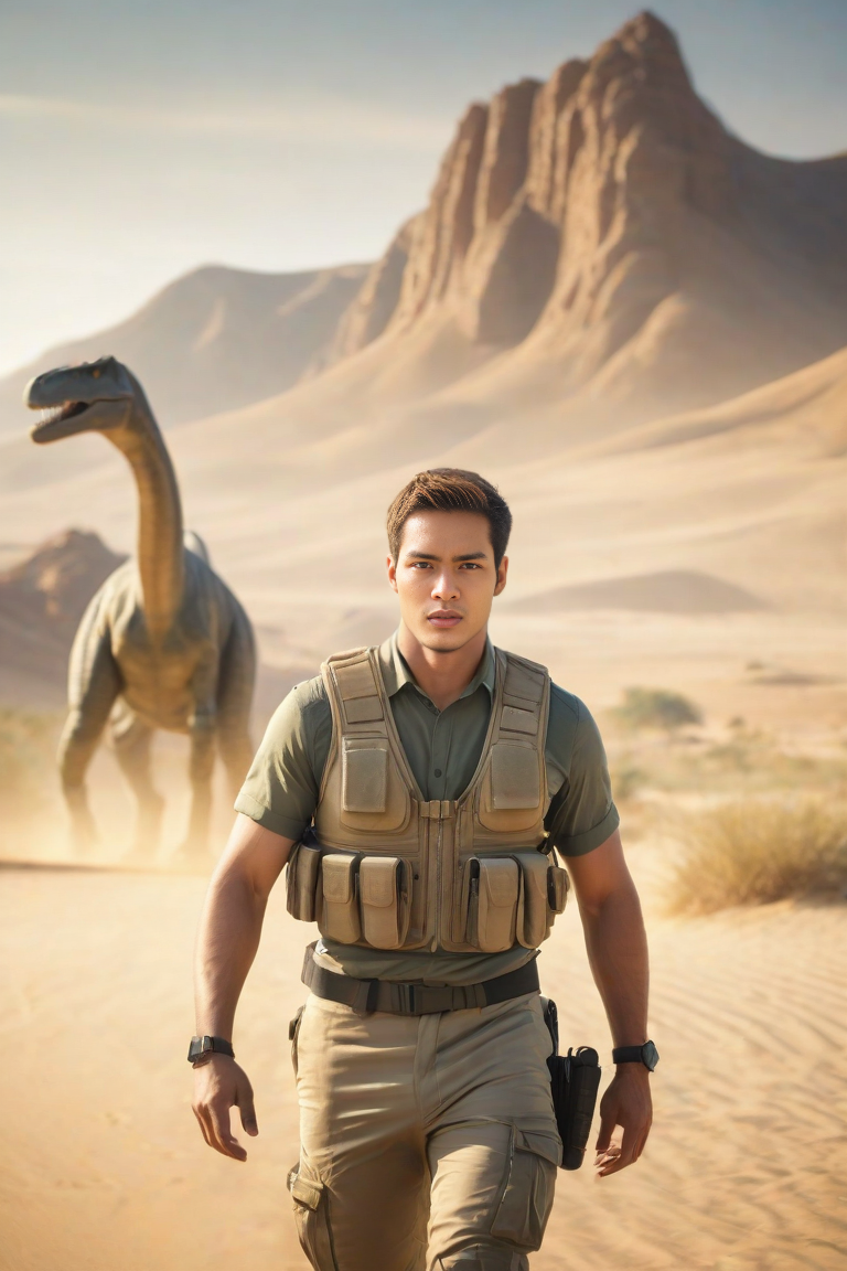 Explorer walks through desert with dinosaur-like creature and mountains in the background