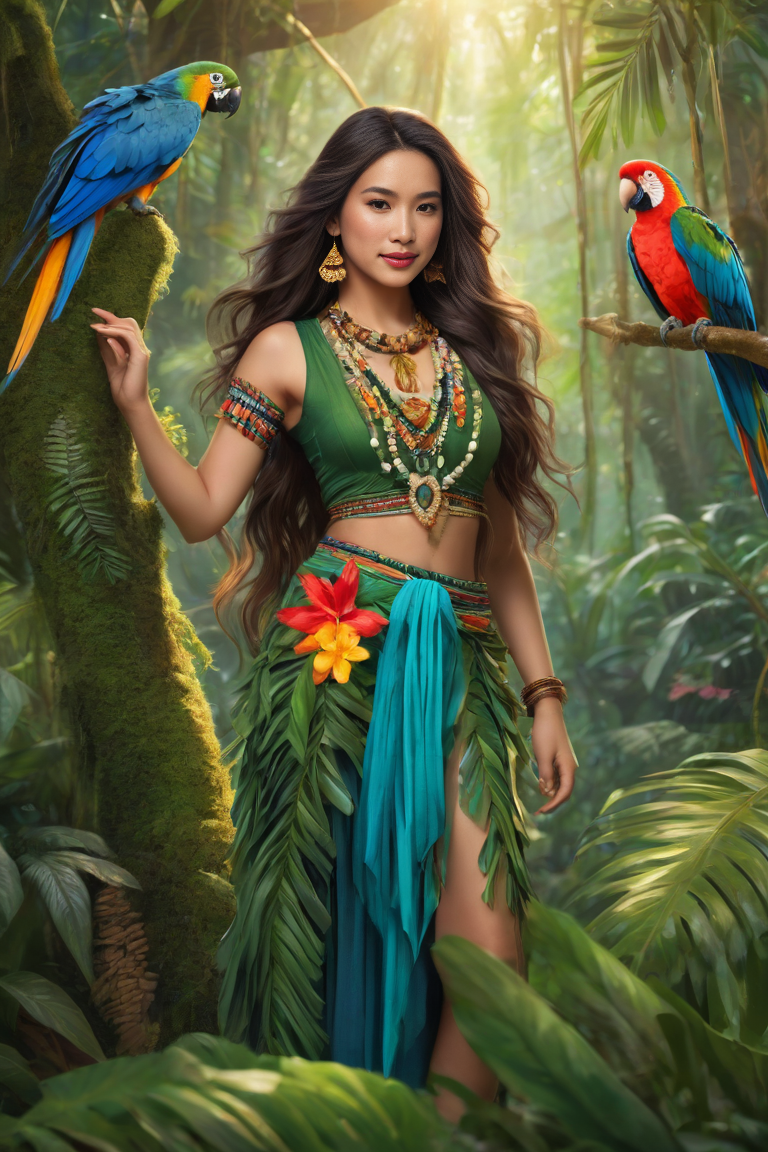 Woman in a lush jungle with two colorful parrots, wearing a green tropical outfit and flower accessories