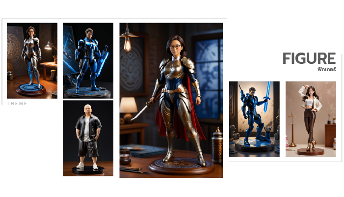 Promotional collage of a blue-and-gold armored superhero action figure in multiple poses and packaging