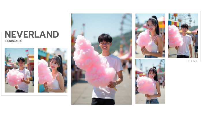 Collage of a smiling person holding pink cotton candy at a Neverland amusement park.