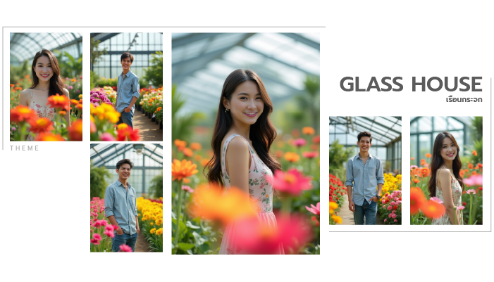 Collage of a woman in a glass greenhouse, surrounded by colorful flowers and greenery