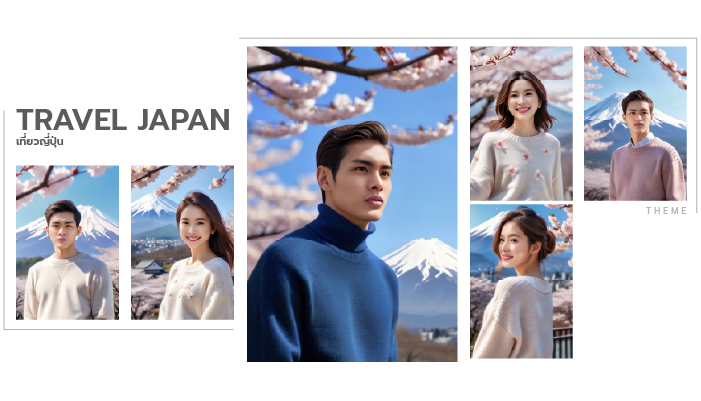 Travel Japan collage with cherry blossoms, blue sky, and multiple portrait photos of travelers