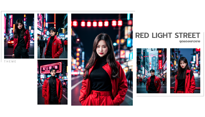 Collage of a woman in a red dress and black coat posing on a neon-lit street titled “Red Light Street.”