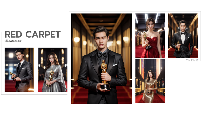 Red carpet collage of formal portraits, including a man holding an award and a woman in a gown