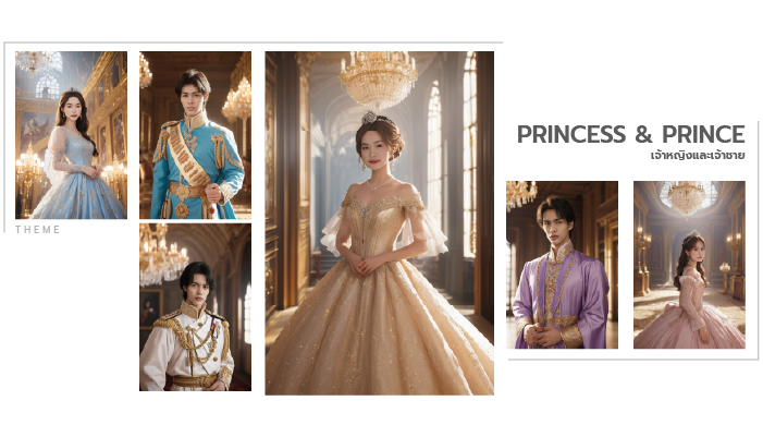 Fashion collage of six models in ornate pastel and gold traditional outfits with “PRINCESS & PRINCE” text