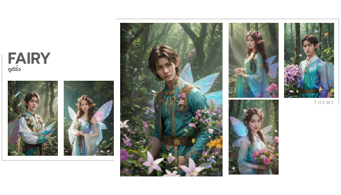 Fairy-themed fashion collage with a floral outfit, pastel wings, and portrait poses in a forest setting