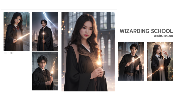 Wizarding school collage of a woman in a black robe holding a glowing wand-like light