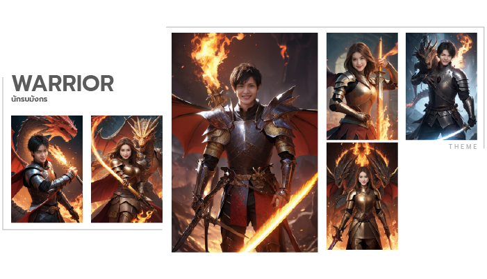 Fantasy warrior character concept art with flaming sword, armor, and dramatic battle poses on a white background