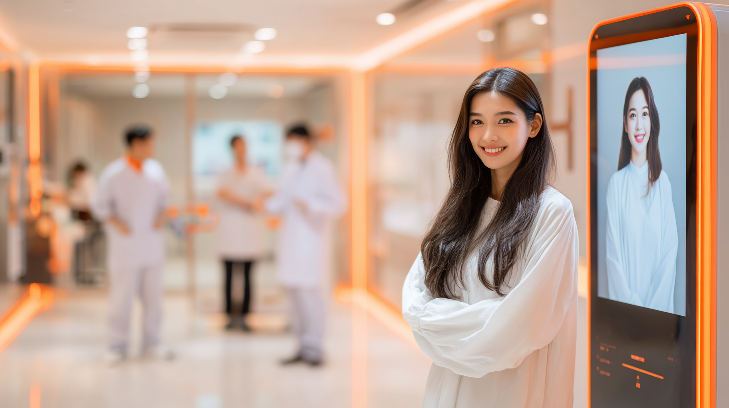 Woman in white stands beside a digital display in a bright hallway with people in lab coats in the background