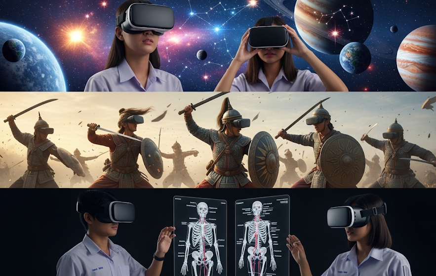 VR users exploring space, ancient warriors, and medical scans in a sci-fi collage