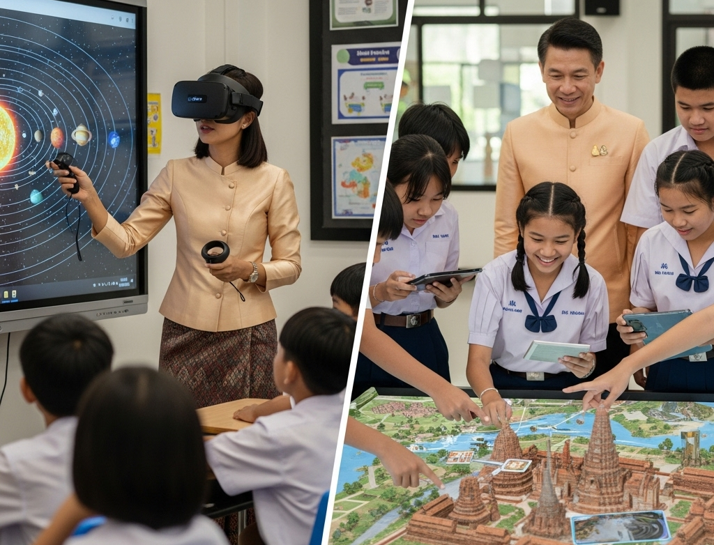 Teacher using VR in classroom beside students building a model city