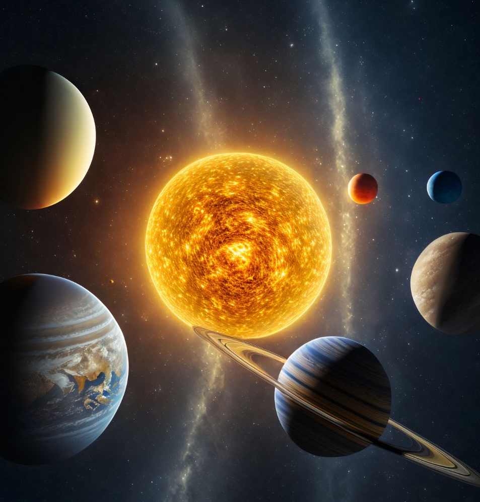 Stylized solar system with a glowing sun and several colorful planets against a starry space background