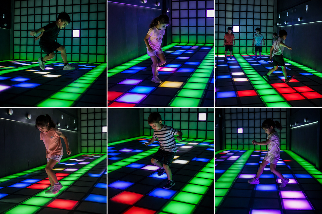 People playing on a neon-lit dance game floor with glowing colored tiles