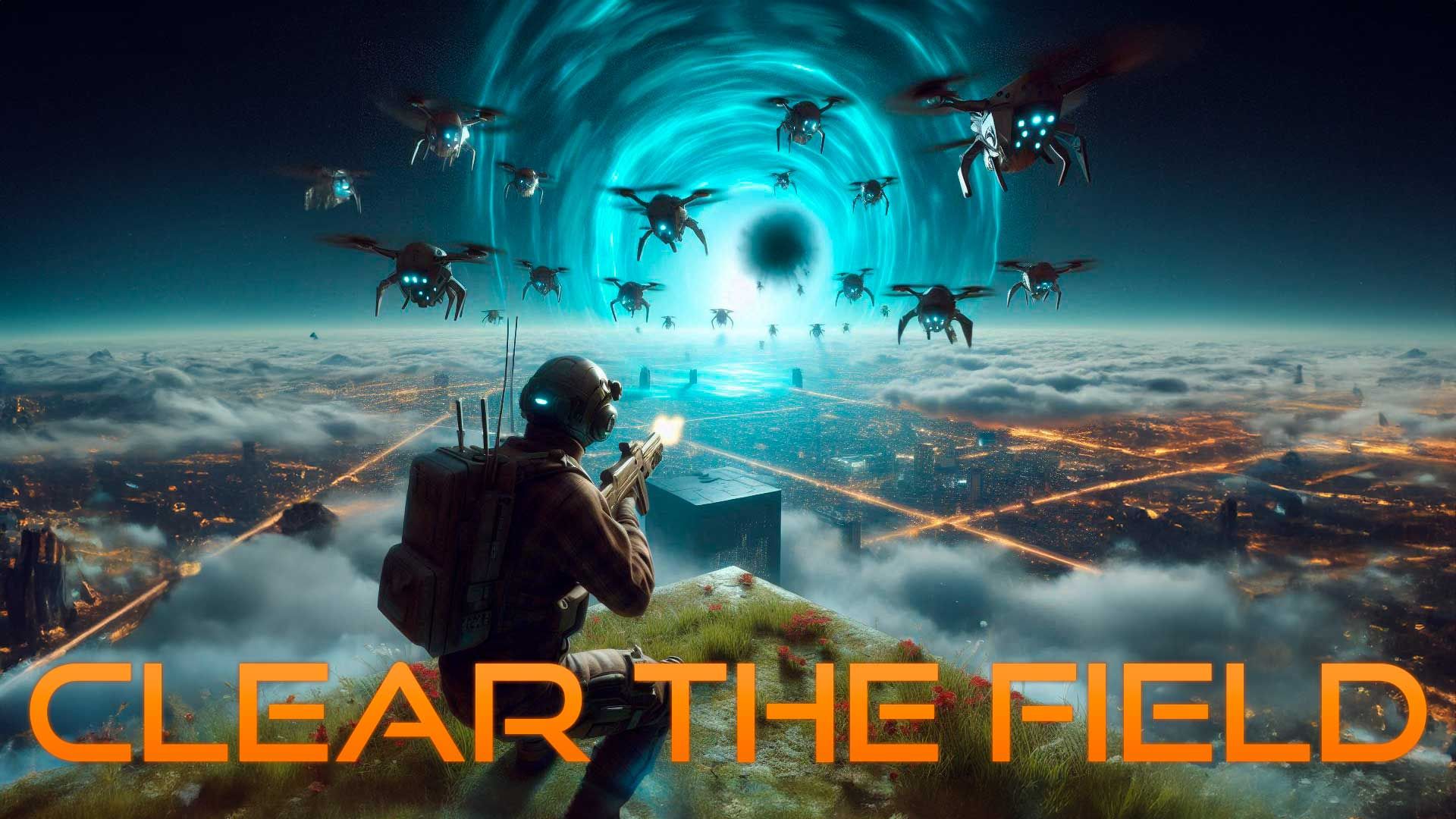 A soldier aims a weapon at a swarm of drones emerging from a glowing blue portal above a sprawling city at night.