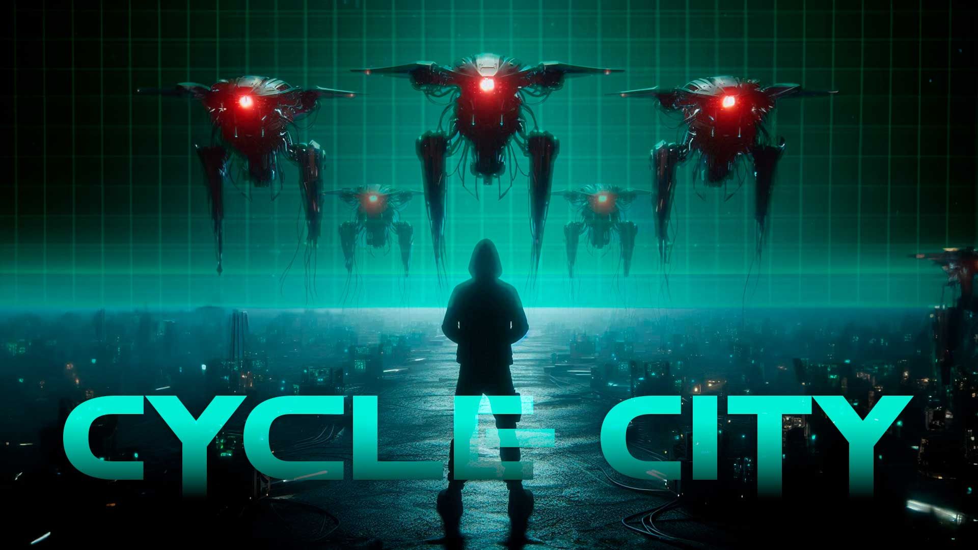 A hooded figure stands before five floating, red-eyed mechanical drones against a glowing grid background, with 