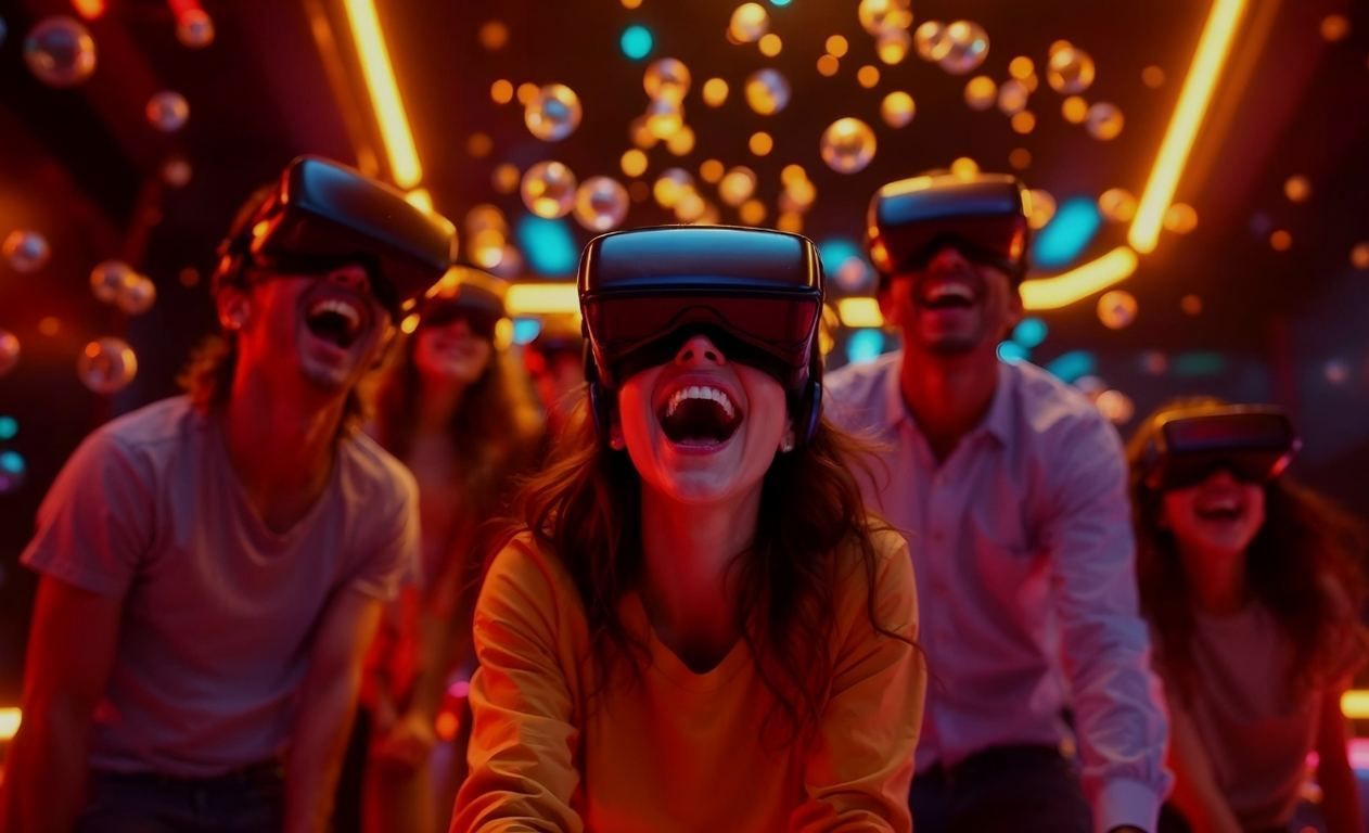 A group of people wearing VR headsets in a dimly lit, festive space with floating lights, looking excited and laughing.