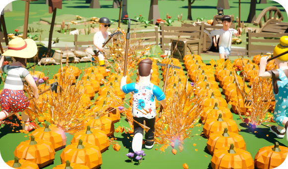 Several stylized characters harvest a large pumpkin patch under a bright, sunny sky.