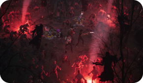 A dark, shadowy scene filled with numerous figures fighting amidst plumes of red smoke and glowing lights.