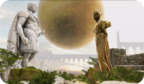 Two classical statues stand in a verdant garden, facing a giant, golden spherical object suspended in the hazy sky.