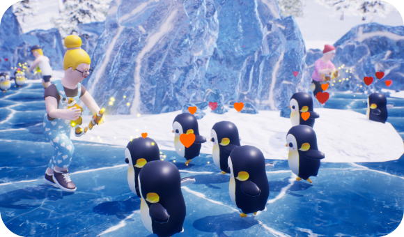 A person stands on icy ground interacting with a group of penguins, with floating hearts around them in a snowy setting.