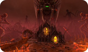 A glowing, dark gothic structure sits in a desolate, red-hued wasteland beneath a massive, looming, one-eyed entity.