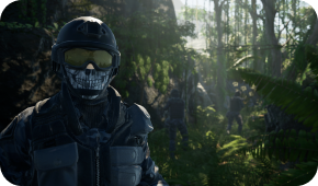 A soldier in a black tactical helmet and skull mask stands in a lush, sunlit jungle, with other figures in the background.