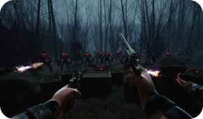 First-person view of dual-wielding revolvers firing at a horde of glowing-red-eyed creatures in a dark, misty forest.