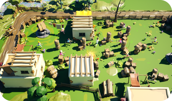 An overhead view of a stylized video game village with small buildings, scattered wooden crates, and people on grass.
