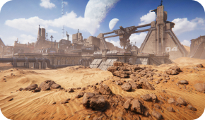 A futuristic desert outpost with industrial structures and large pipes under a bright sky with two visible moons.