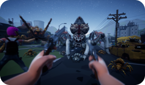 First-person view of a character aiming dual pistols at a giant arachnid monster on a street at night with smaller bugs.
