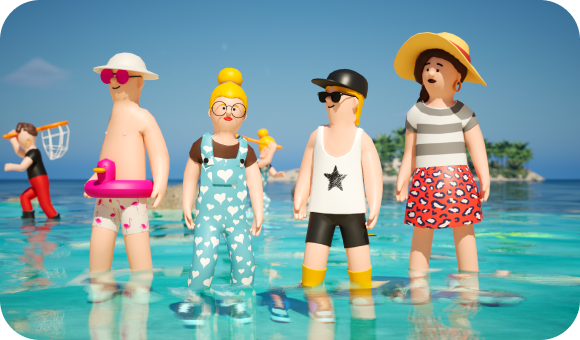 Four stylized figures in beach attire stand in shallow ocean water near an island, with another person in the background.