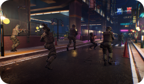 Tactical soldiers in dark gear sprint through a neon-lit, wet city street at night, while one figure aims a weapon.