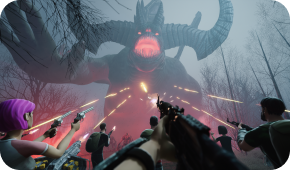 A first-person view shows a group of people firing weapons at a towering, glowing-red horned monster in a misty forest.