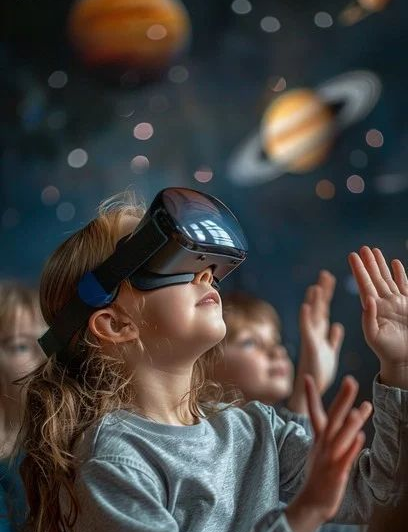 Child wearing a VR headset reaches toward floating planets in a classroom scene