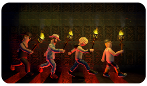 Four animated figures walk in a row along a red-lit corridor, each holding a flaming torch to light their path.