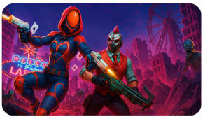Two stylized figures in tactical gear hold weapons amid a ruined, neon-lit Las Vegas landscape with a zombie approaching.