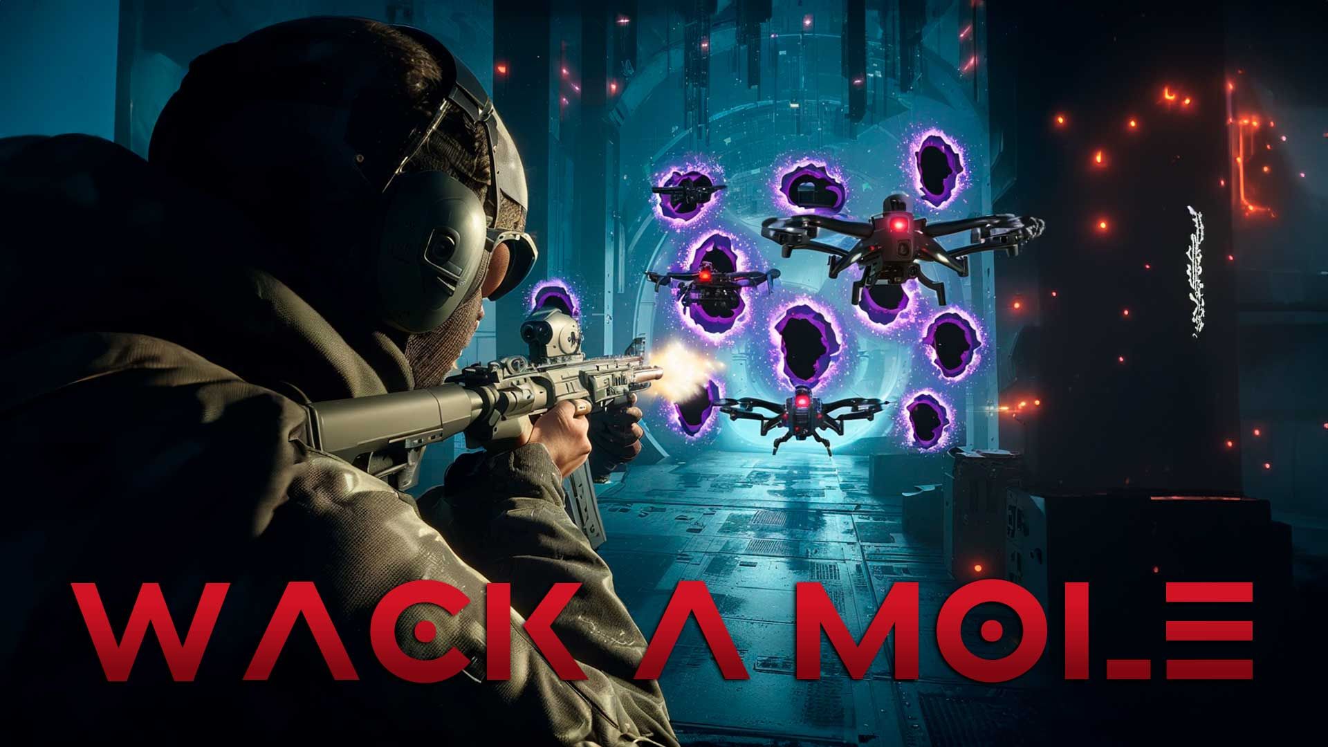 A soldier aiming a rifle at mechanical drones emerging from purple portals, overlaid with the text 
