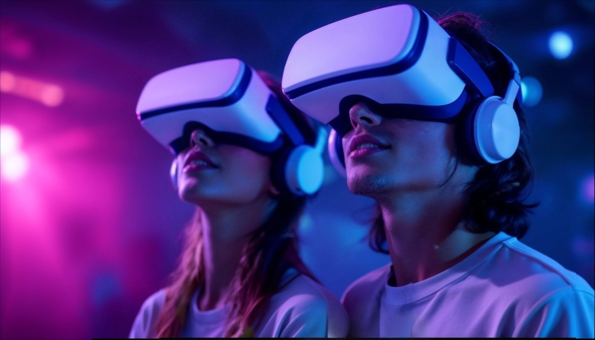 Two people wearing VR headsets and headphones in a dimly lit room with purple and blue neon lighting.