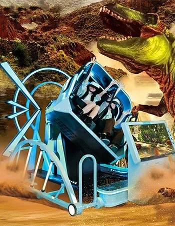 Two people ride a blue motion simulator VR pod, appearing to flee from a large, realistic dinosaur in a desert landscape.